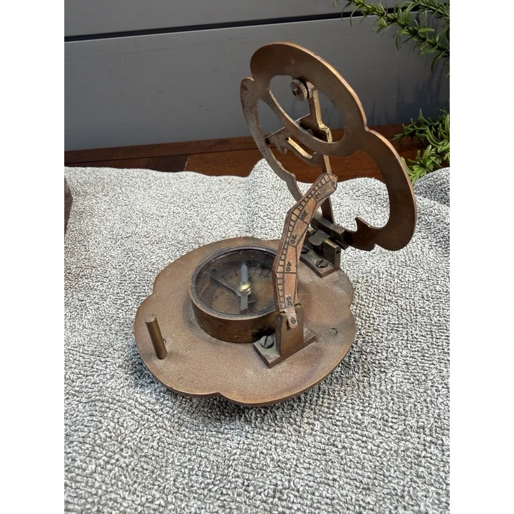 Large Antique Nautical Brass Copper Sundial Compass W/ Rosewood Inlay Box